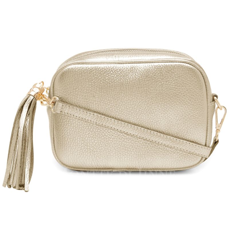 Gold Crossbody Bag Single Zip. One main compartment with an internal side slip pocket and a detachable strap