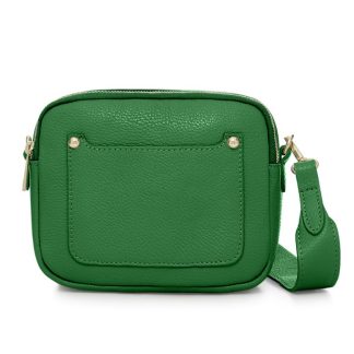 Green Crossbody Bag with two separate zipped compartments, and a matching detachable strap