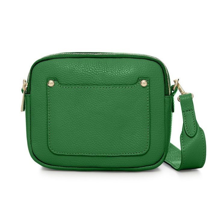 Green Crossbody Bag with two separate zipped compartments, and a matching detachable strap