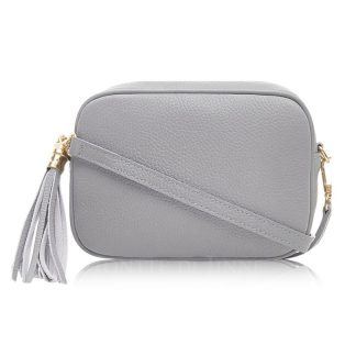 Light Grey Crossbody Bag Single Zip. One main compartment with an internal side slip pocket and a detachable strap