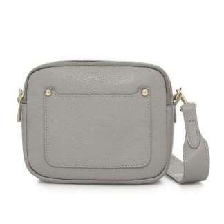 Light Grey Crossbody Bag with two separate zipped compartments, and a matching detachable strap