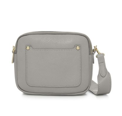 Light Grey Crossbody Bag with two separate zipped compartments, and a matching detachable strap