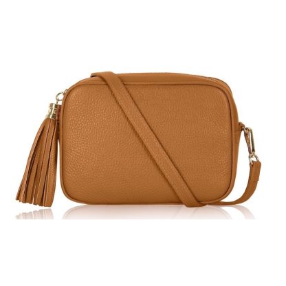 Light Tan Crossbody Bag Single Zip. One main compartment with an internal side slip pocket and a detachable strap