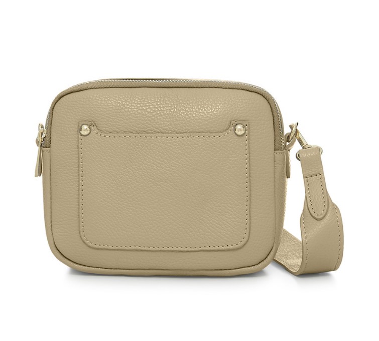 Light Taupe Crossbody Bag with two separate zipped compartments, and a matching detachable strap