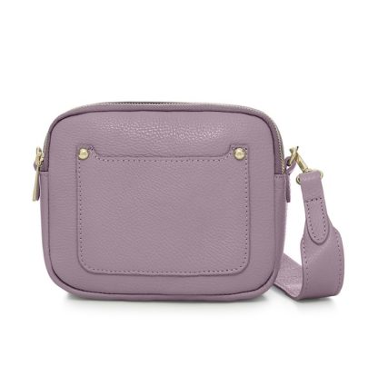 Lilac Crossbody Bag with two separate zipped compartments, and a matching detachable strap