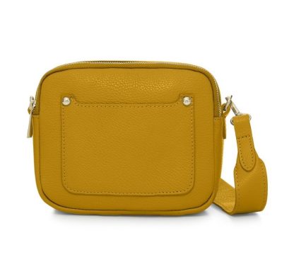 Mustard Crossbody Bag with two separate zipped compartments, and a matching detachable strap