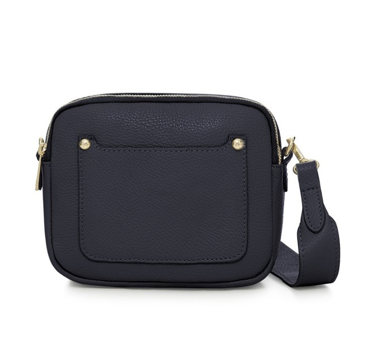 Navy Crossbody Bag with two separate zipped compartments, and a matching detachable strap