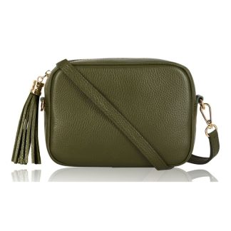 Olive Green Crossbody Bag Single Zip. One main compartment with an internal side slip pocket and a detachable strap