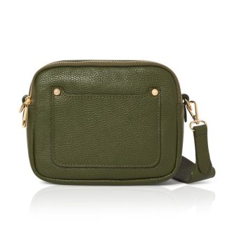 Olive Green Crossbody Bag with two separate zipped compartments, and a matching detachable strap