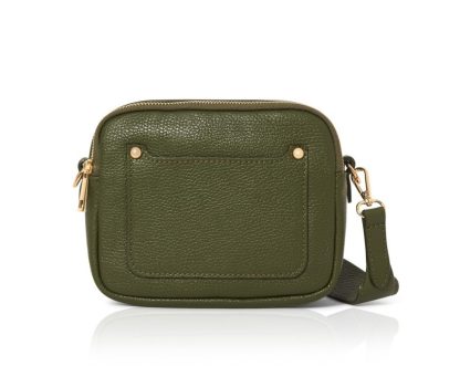 Olive Green Crossbody Bag with two separate zipped compartments, and a matching detachable strap