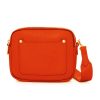 Orange Crossbody Bag with two separate zipped compartments, and a matching detachable strap