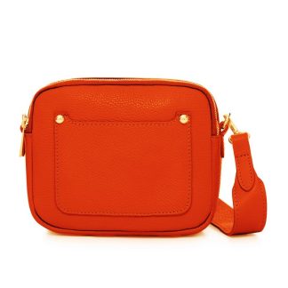 Orange Crossbody Bag with two separate zipped compartments, and a matching detachable strap