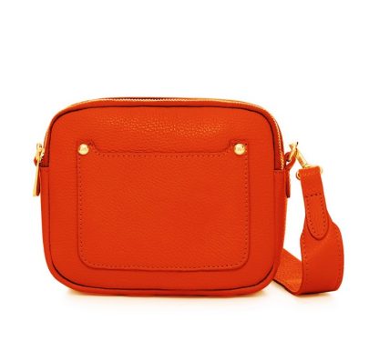 Orange Crossbody Bag with two separate zipped compartments, and a matching detachable strap