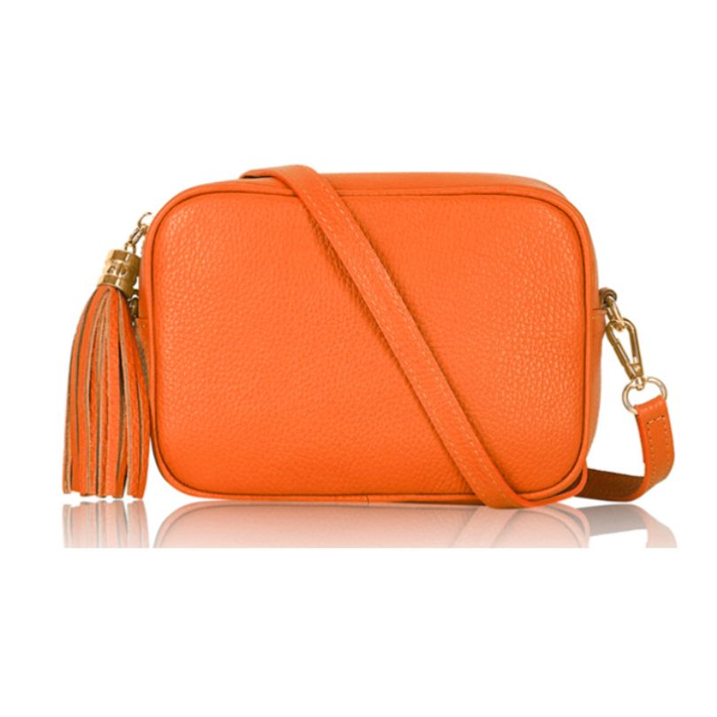 Orange Crossbody Bag Single Zip. One main compartment with an internal side slip pocket and a detachable strap