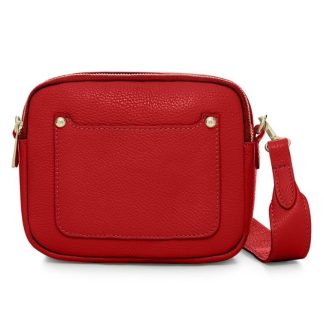 Red Crossbody Bag with two separate zipped compartments, and a matching detachable strap