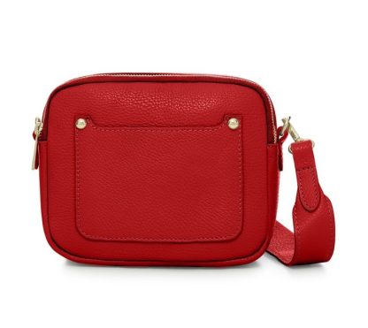 Red Crossbody Bag with two separate zipped compartments, and a matching detachable strap