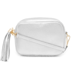 Silver Crossbody Bag Single Zip. One main compartment with an internal side slip pocket and a detachable strap