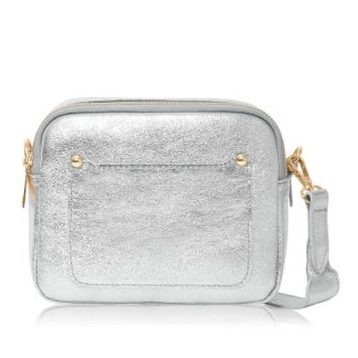 Silver Crossbody Bag with two separate zipped compartments, and a matching detachable strap