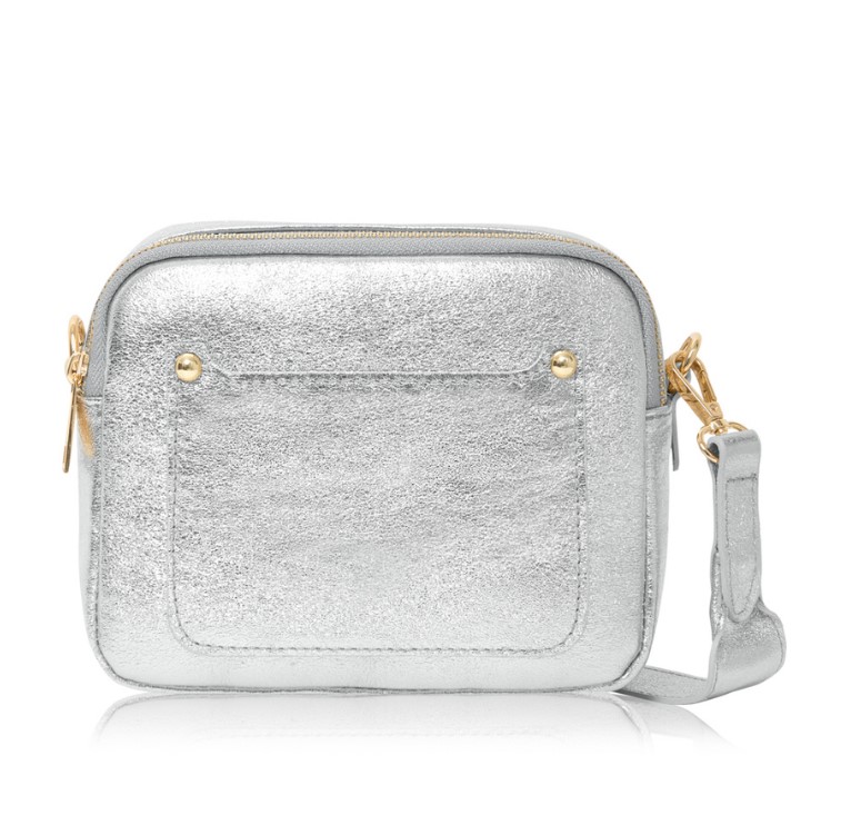 Silver Crossbody Bag with two separate zipped compartments, and a matching detachable strap