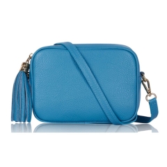 Sky Blue Crossbody Bag Single Zip. One main compartment with an internal side slip pocket and a detachable strap