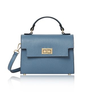 This Sussex Bag is a leather top handle box bag in denim blue