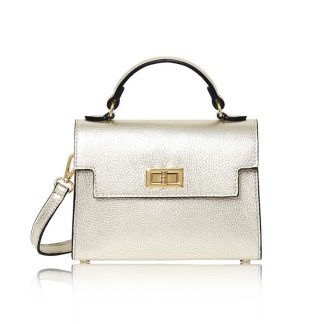 This Sussex Bag is a leather top handle box bag in gold