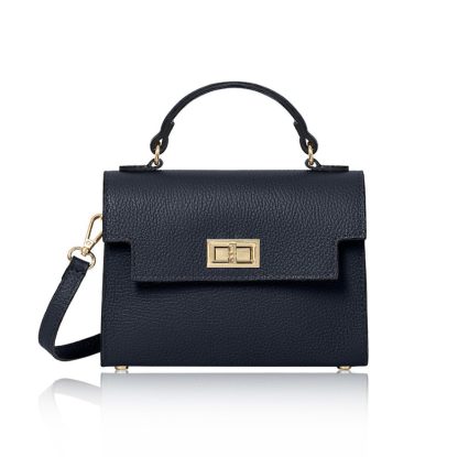 This Sussex Bag is a leather top handle box bag in navy