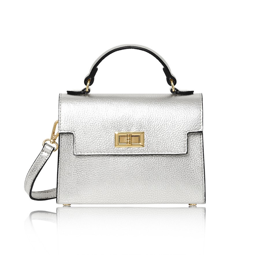 This Sussex Bag is a leather top handle box bag in silver