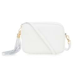 White Crossbody Bag Single Zip. One main compartment with an internal side slip pocket and a detachable strap