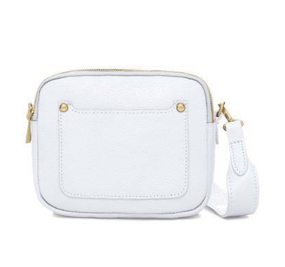 White Crossbody Bag with two separate zipped compartments, and a matching detachable strap