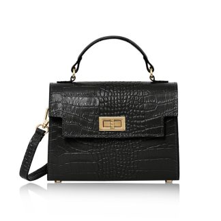 This Sussex Croc Bag is a leather top handle box bag in black , genuine italian leather, with a detachable crossbody strap to match