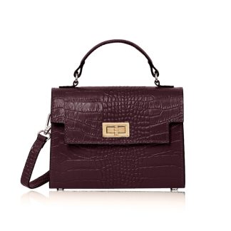 This Sussex Croc Bag is a leather top handle box bag in burgundy, genuine italian leather, with a detachable crossbody strap to match