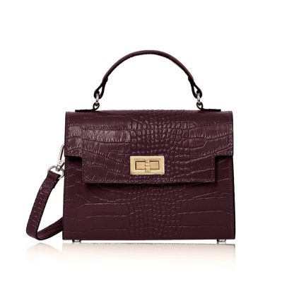 This Sussex Croc Bag is a leather top handle box bag in burgundy, genuine italian leather, with a detachable crossbody strap to match