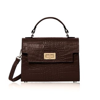 This Sussex Croc Bag is a leather top handle box bag in chocolate brown, genuine italian leather, with a detachable crossbody strap to match