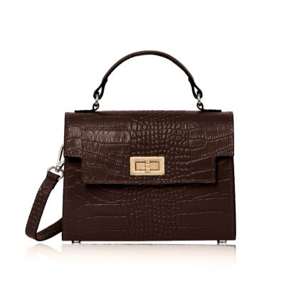 This Sussex Croc Bag is a leather top handle box bag in chocolate brown, genuine italian leather, with a detachable crossbody strap to match