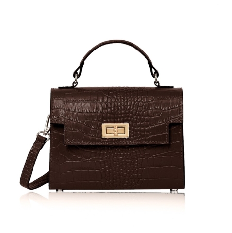 The Sussex Croc Bag is a leather top handle box bag in chocolate brown, genuine italian leather, with a detachable crossbody strap to match