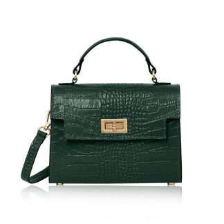 This Sussex Croc Bag is a leather top handle box bag in Emerald Green , genuine italian leather, with a detachable crossbody strap to match