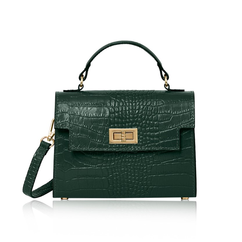 The Sussex Croc Bag is a leather top handle box bag in Emerald Green , genuine italian leather, with a detachable crossbody strap to match