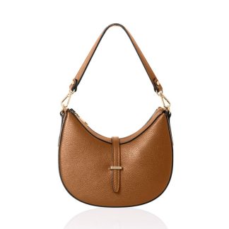 Tan genuine italian leather crossbody bag, crescent shaped, half moon, gold hardware, crossbody detachable strap, small shoulder detachable strap in satin dust bag