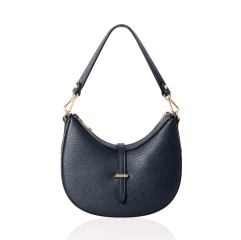 Navy genuine Italian leather crossbody bag, crescent shaped, half moon, gold hardware, crossbody detachable strap, small shoulder detachable strap in satin dust bag