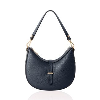 Navy genuine italian leather crossbody bag, crescent shaped, half moon, gold hardware, crossbody detachable strap, small shoulder detachable strap in satin dust bag