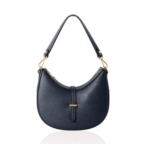 Navy genuine Italian leather crossbody bag, crescent shaped, half moon, gold hardware, crossbody detachable strap, small shoulder detachable strap in satin dust bag