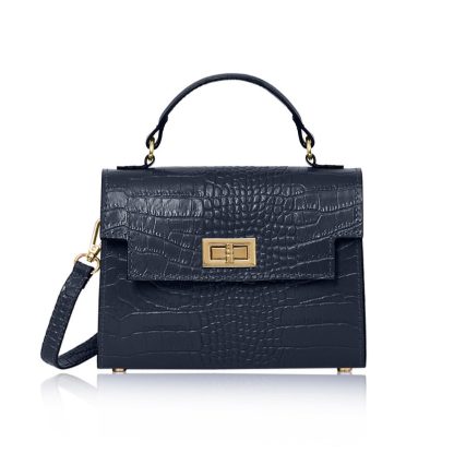 This Sussex Croc Bag is a leather top handle box bag in Navy Blue, genuine italian leather, with a detachable crossbody strap to match