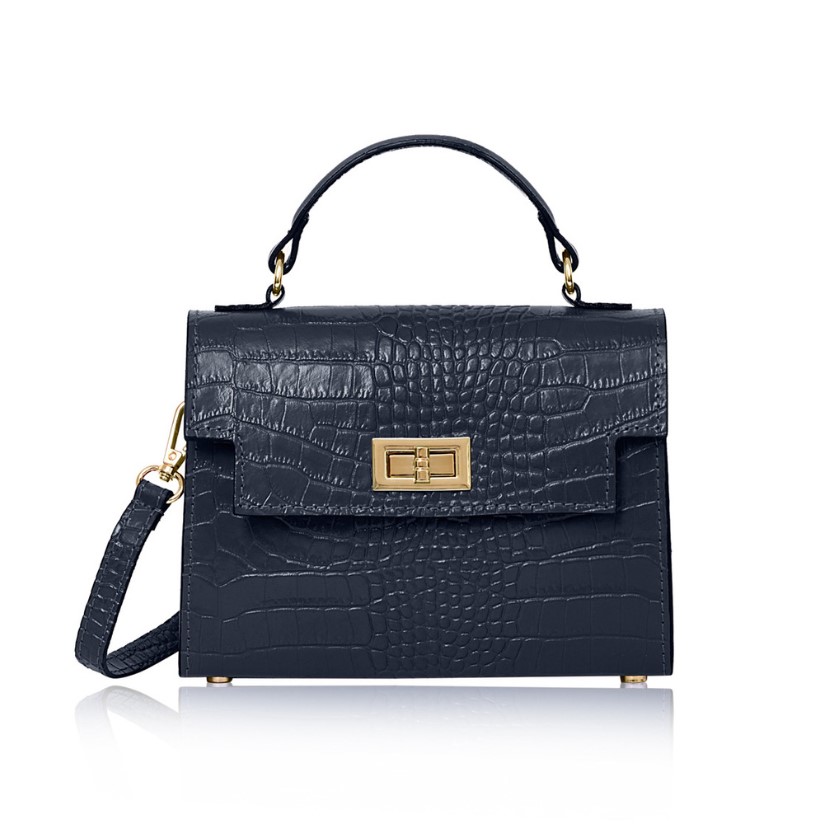 The Sussex Croc Bag is a leather top handle box bag in Navy Blue, genuine italian leather, with a detachable crossbody strap to match