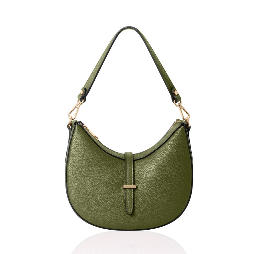 Olive genuine Italian leather crossbody bag, crescent shaped, half moon, gold hardware, crossbody detachable strap, small shoulder detachable strap in satin dust bag