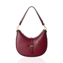 Burgundy genuine Italian leather crossbody bag, crescent shaped, half moon, gold hardware, crossbody detachable strap, small shoulder detachable strap in satin dust bag, plum red bag