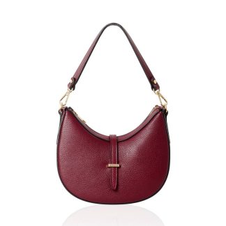 Burgundy genuine italian leather crossbody bag, crescent shaped, half moon, gold hardware, crossbody detachable strap, small shoulder detachable strap in satin dust bag, plum red bag