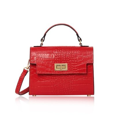 This Sussex Croc Bag is a leather top handle box bag in red , genuine italian leather, with a detachable crossbody strap to match