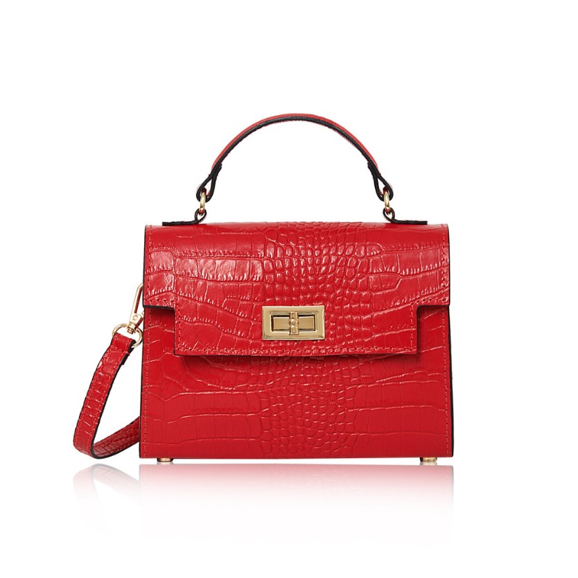 The Sussex Croc Bag is a leather top handle box bag in red , genuine italian leather, with a detachable crossbody strap to match