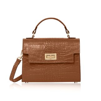 This Sussex Croc Bag is a leather top handle box bag in dark tan , genuine italian leather, with a detachable crossbody strap to match